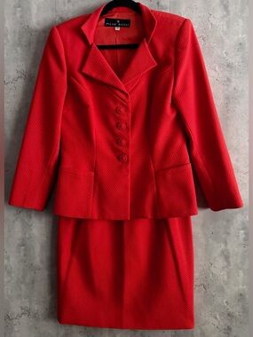 Pilar Rossi Orange Cotton Blend Diamond Textured Button Up Blazer Skirt Size 10